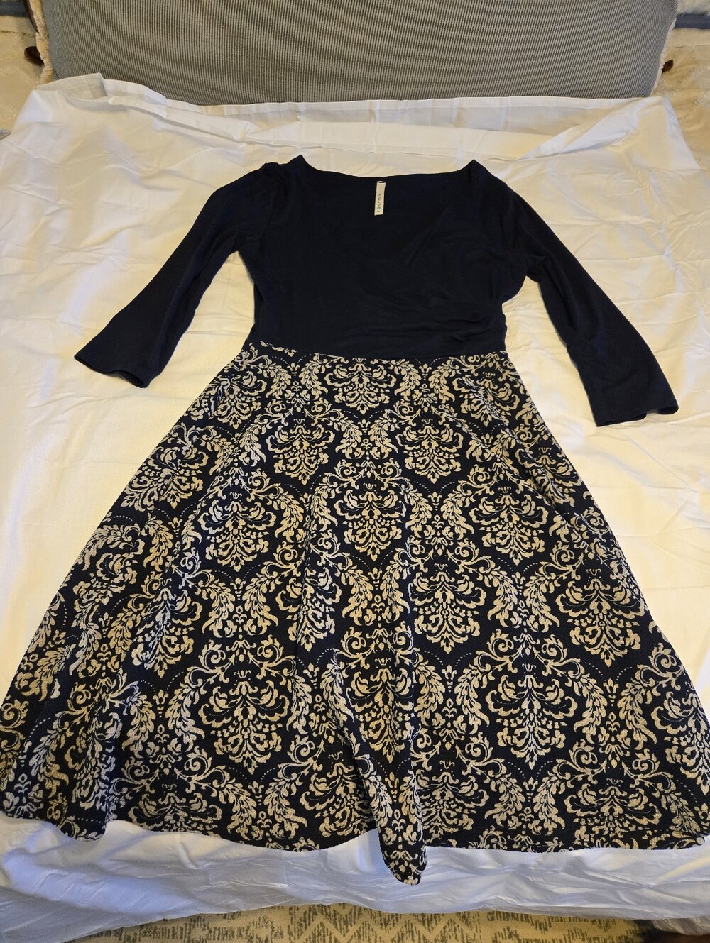 GILLI Navy Top with Cream Damask Fit-and-Flare Dress